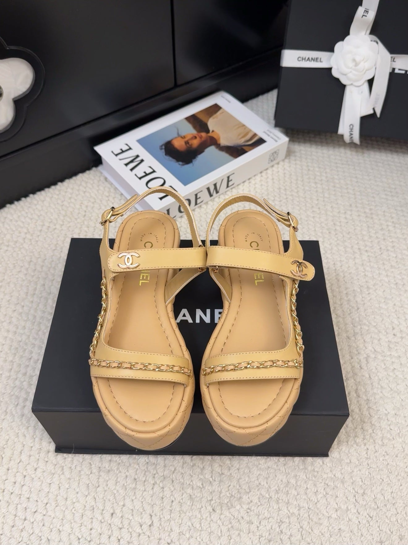 THICK-SOLED SANDALS 55 MM IN SAND YELLOW CALFSKIN