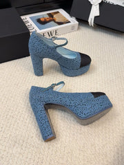 FLATFORM SANDAL IN AEGEAN BLUE TWEED AND BLACK FABRIC