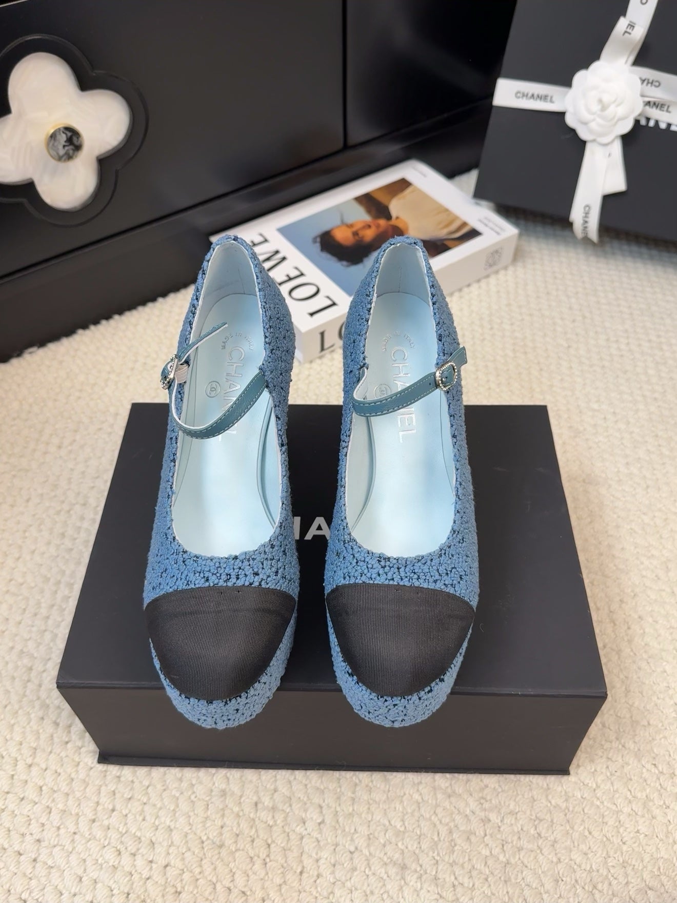 FLATFORM SANDAL IN AEGEAN BLUE TWEED AND BLACK FABRIC