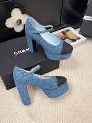 FLATFORM SANDAL IN AEGEAN BLUE TWEED AND BLACK FABRIC