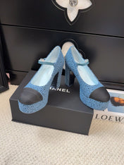 FLATFORM SANDAL IN AEGEAN BLUE TWEED AND BLACK FABRIC