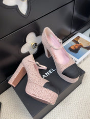 FLATFORM SANDAL IN LIGHT PINK TWEED AND BLACK FABRIC