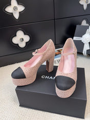 FLATFORM SANDAL IN LIGHT PINK TWEED AND BLACK FABRIC