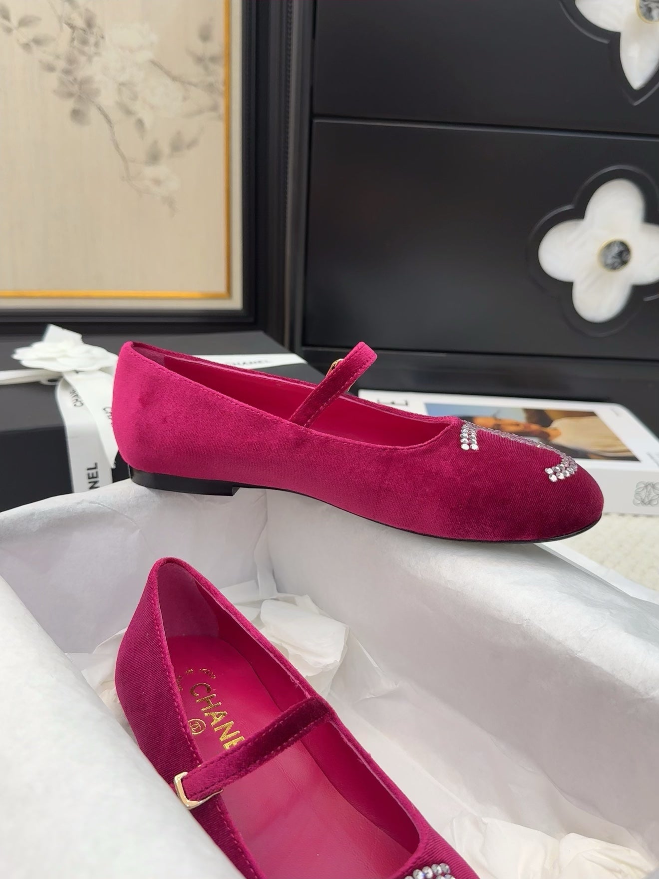 MARY JANE SHOES IN JAM PURPLE VELVET WITH CRYSTALS LOGO