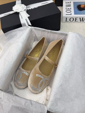 MARY JANE SHOES IN SAND BROWN VELVET WITH CRYSTALS LOGO