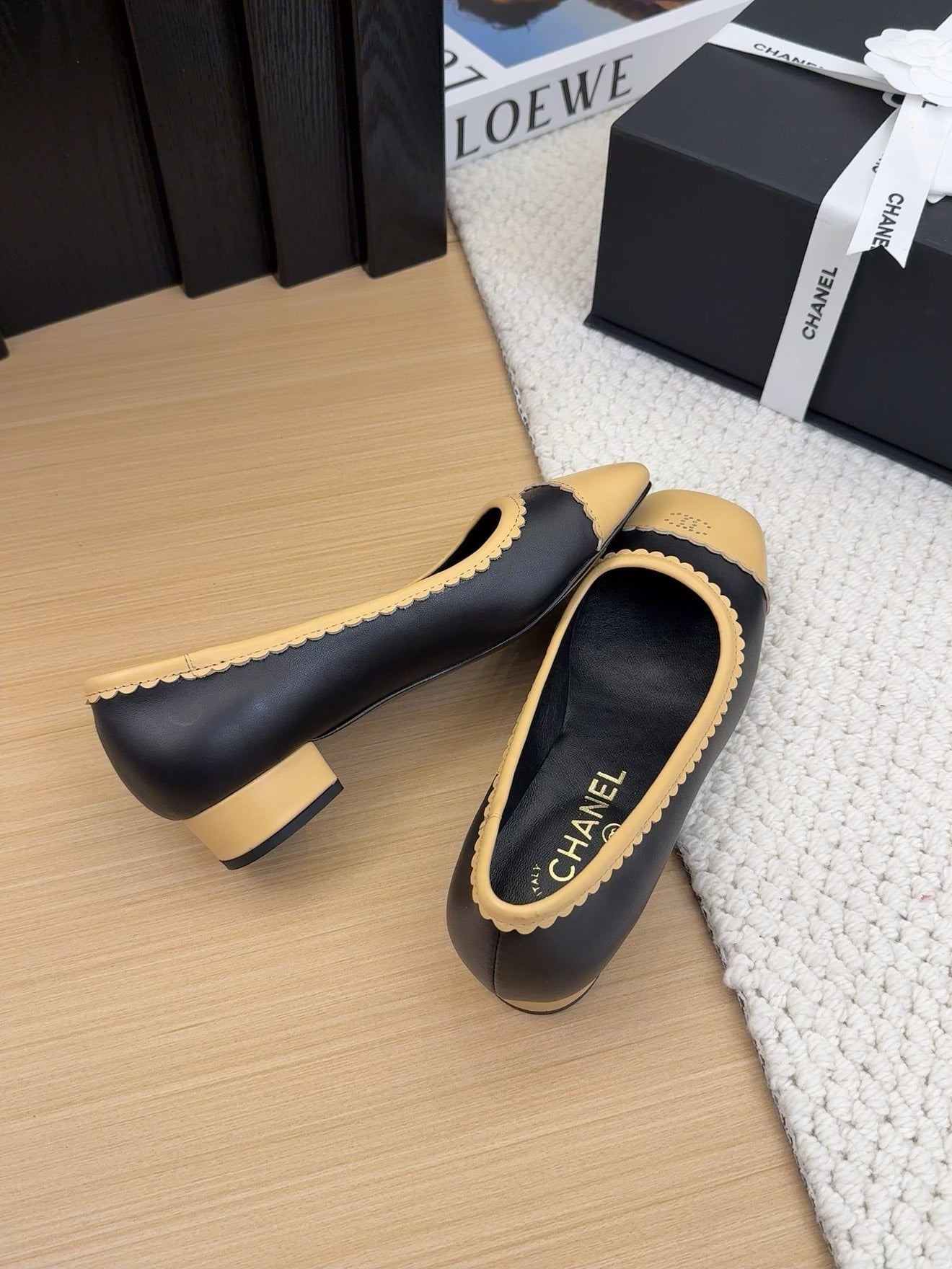 BALLET FLAT IN BLACK MIX PEANUT BROWN CALFSKIN
