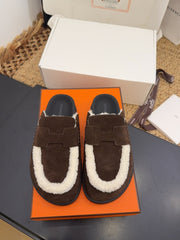 HM 25S MULE IN DARK CHOCOLATE BROWN SUEDE MIX WHITE SHEARLING