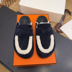 HM 25S MULE IN DARK SLATE BLUE SUEDE MIX WHITE SHEARLING