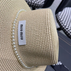 MM SMALL-BRIM STRAW HAT IN LIGHT BEIGE AND PEARL EMBELLISHED