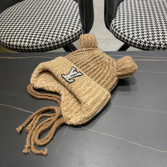KNITTED BEANIE HAT WITH CUTE EARS IN PEANUT BROWN WOOL 403485