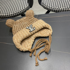 KNITTED BEANIE HAT WITH CUTE EARS IN PEANUT BROWN WOOL 403485