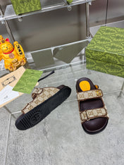 GG SANDALS IN DARK BROWN CALFSKIN AND BEIGE FABRIC WITH GOLD HARDWARE