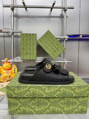 GG SANDALS IN BLACK FABRIC AND CALFSKIN WITH GOLD HARDWARE