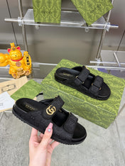 GG SANDALS IN BLACK FABRIC AND CALFSKIN WITH GOLD HARDWARE