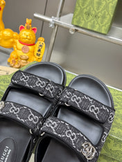 GG SANDALS IN BLACK FABRIC AND CALFSKIN WITH SILVER HARDWARE