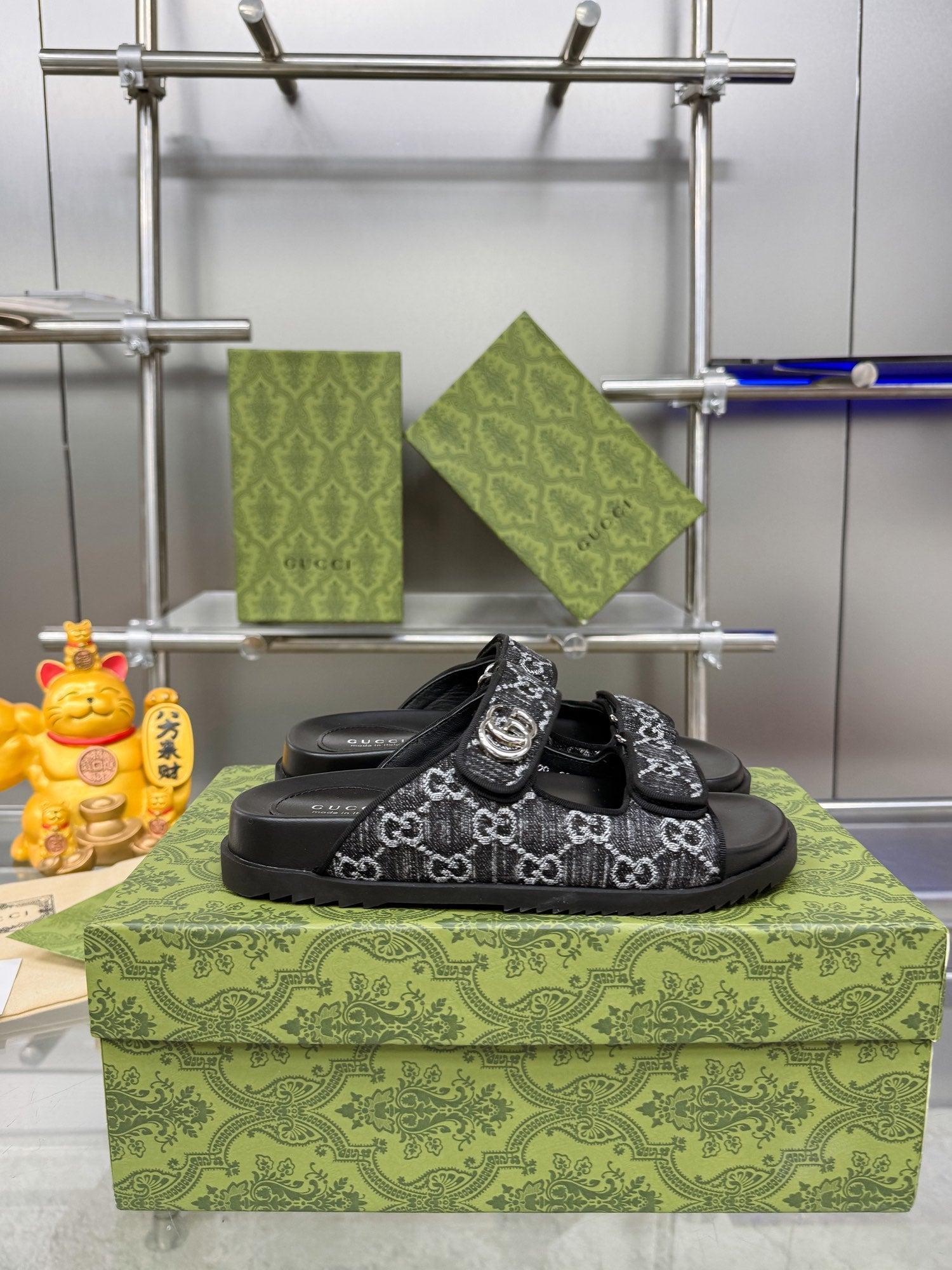 GG SANDALS IN BLACK FABRIC AND CALFSKIN WITH SILVER HARDWARE