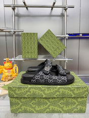 GG SANDALS IN BLACK FABRIC AND CALFSKIN WITH SILVER HARDWARE