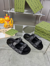 GG SANDALS IN BLACK FABRIC AND CALFSKIN WITH SILVER HARDWARE