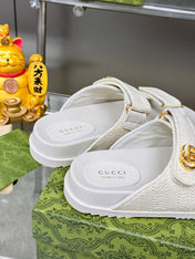 GG SANDALS IN WHITE FABRIC AND CALFSKIN WITH GOLD HARDWARE