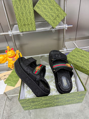 GG SANDALS 22 IN BLACK FABRIC WITH GOLD HARDWARE