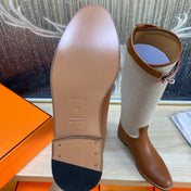 KNEE HIGH BOOTS IN BRONZE BROWN CALFSKIN AND WHITE FABRIC