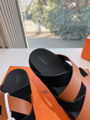 KAZIMIR SANDAL IN BRONZE BROWN CALFSKIN AND BLACK SUEDE