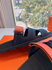 CHYPRE SANDAL IN BLACK DENIM AND VIVID ORANGE CALFSKIN