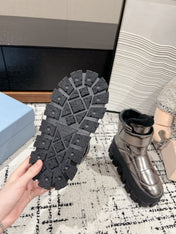 MONOLITH ANKLE BOOTS WITH STRAP IN METALLIC GRAY CALFSKIN AND FLEECE LINING