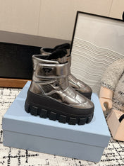 MONOLITH ANKLE BOOTS WITH STRAP IN METALLIC GRAY CALFSKIN AND FLEECE LINING