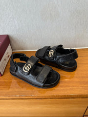 GG SANDALS S25 IN BLACK LAMBSKIN EMBOSSED LOGO WITH GOLD HARDWARE