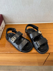 GG SANDALS S25 IN BLACK LAMBSKIN EMBOSSED LOGO WITH GOLD HARDWARE