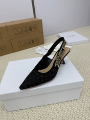 DIOR HIGH SLINGBACK 65 MM 25S IN BLACK FABRIC AND BRAND NAME EMBROIDERY