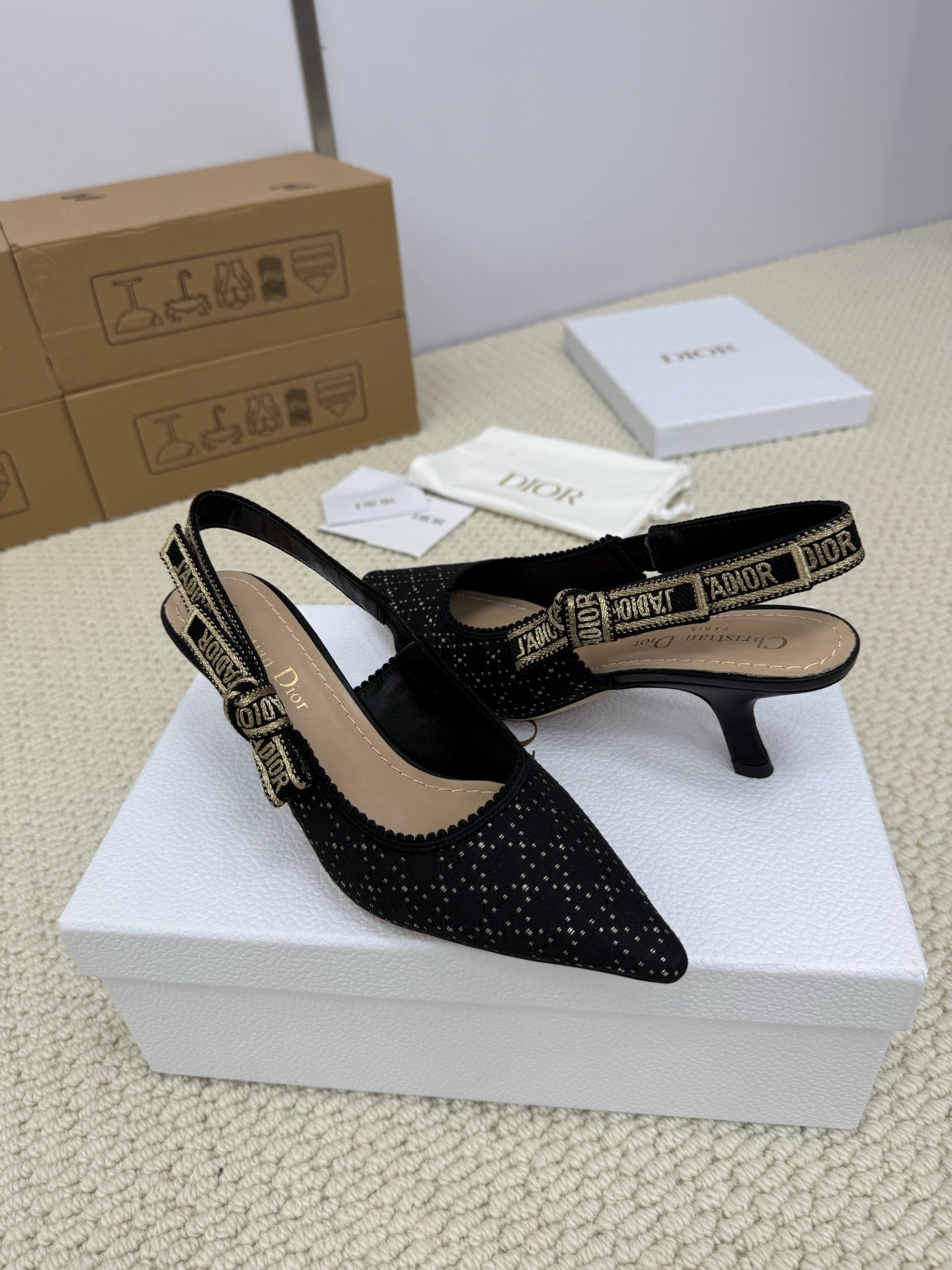 DIOR HIGH SLINGBACK 65 MM 25S IN BLACK FABRIC AND BRAND NAME EMBROIDERY