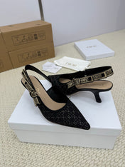 DIOR HIGH SLINGBACK 65 MM 25S IN BLACK FABRIC AND BRAND NAME EMBROIDERY