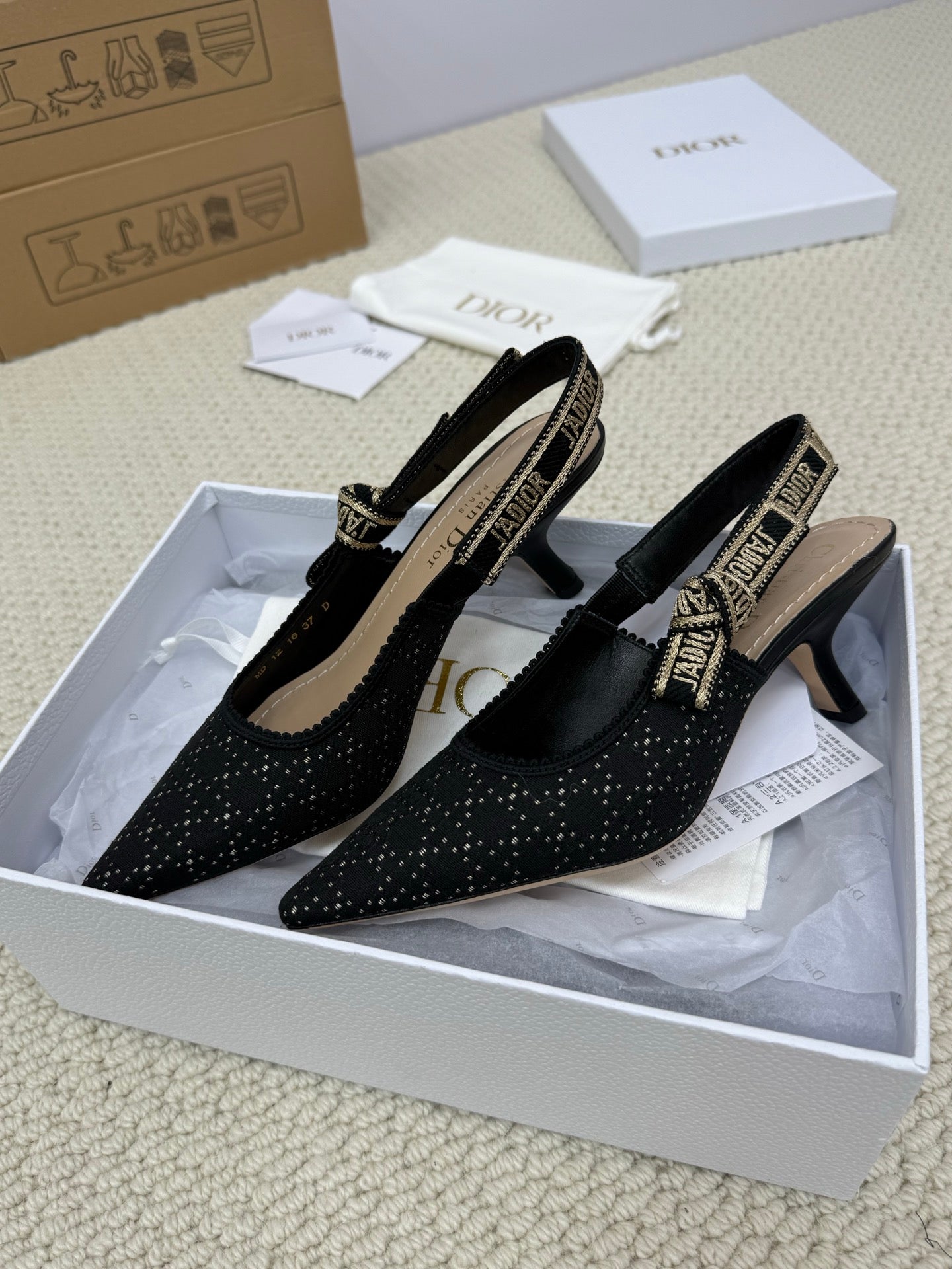 DIOR HIGH SLINGBACK 65 MM 25S IN BLACK FABRIC AND BRAND NAME EMBROIDERY