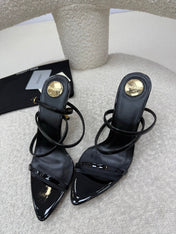 YSL 25S STRAPPY HIGH-HEEL SANDALS 95 MM IN BLACK SHINY LAMBSKIN