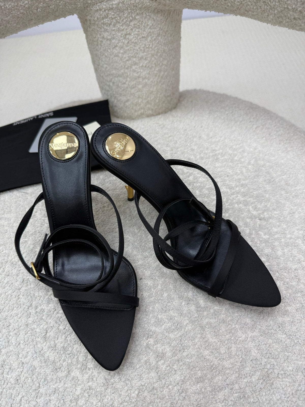 YSL 25S STRAPPY HIGH-HEEL SANDALS 95 MM IN BLACK LAMBSKIN