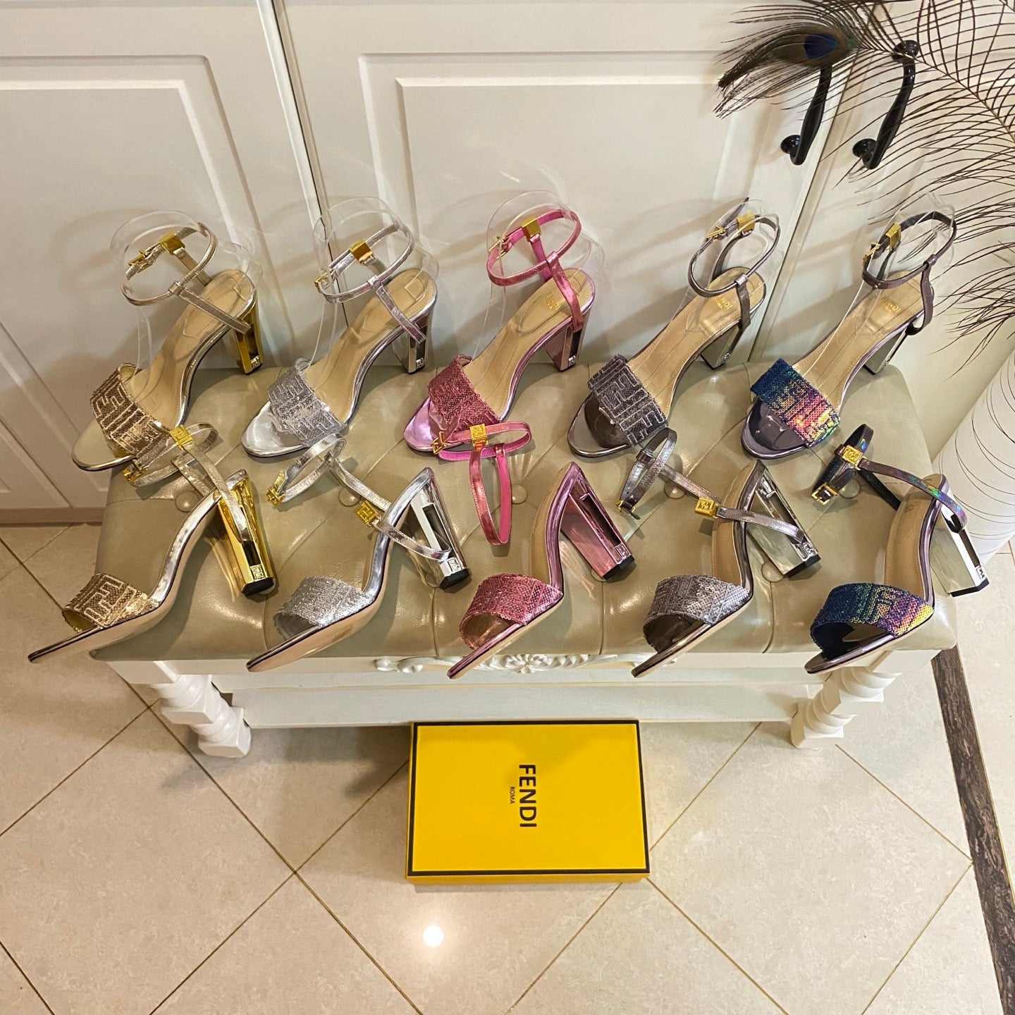 FF FIRST HIGH-HEEL 100MM IN METALLIC PINK CALFSKIN AND SEQUIN