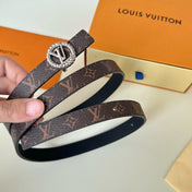 LV Circle Nautical 20mm Reversible Square End Tip Belt Silver Buckle Navy Blue Brown lambskin