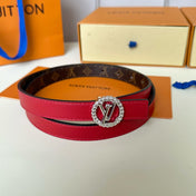 LV Circle Nautical 20mm Reversible Belt Silver Buckle Red Brown Lambskin
