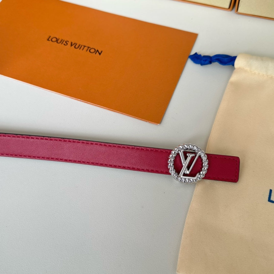 LV Circle Nautical 20mm Reversible Belt Silver Buckle Red Brown Lambskin