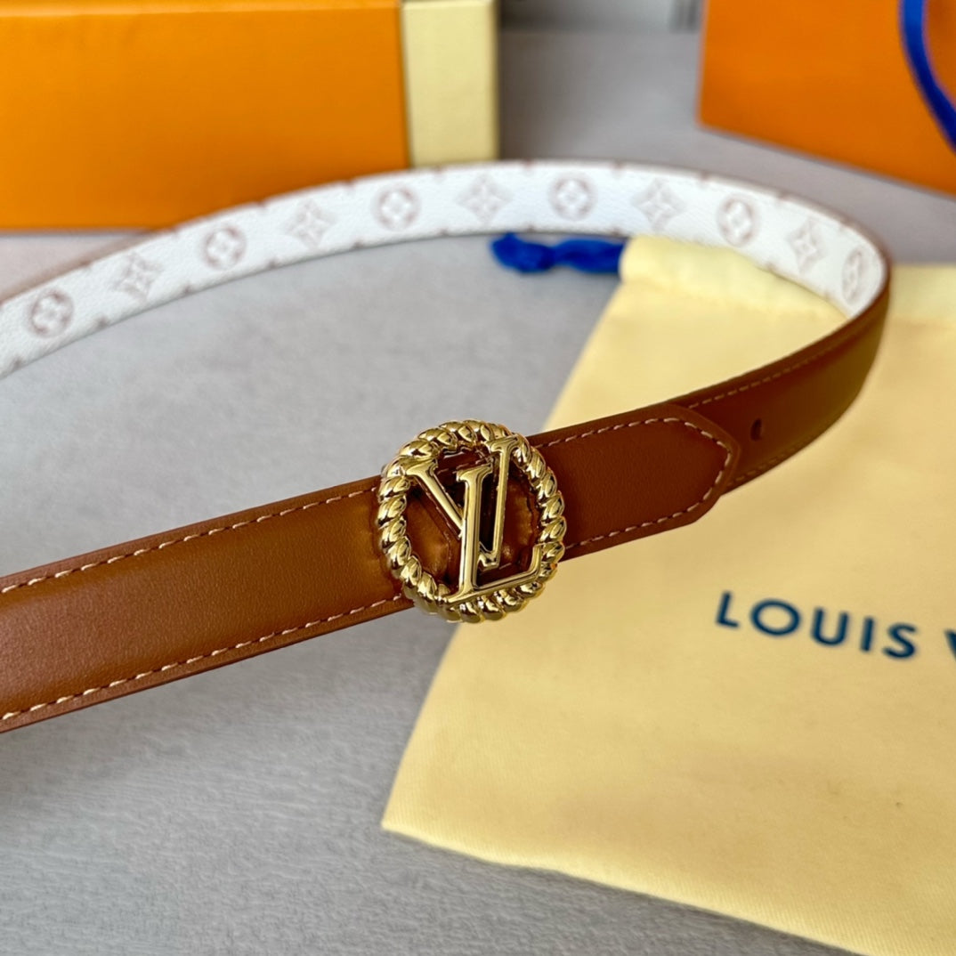LV Circle Nautical 20mm Reversible Belt Gold Buckle Tan White lambskin