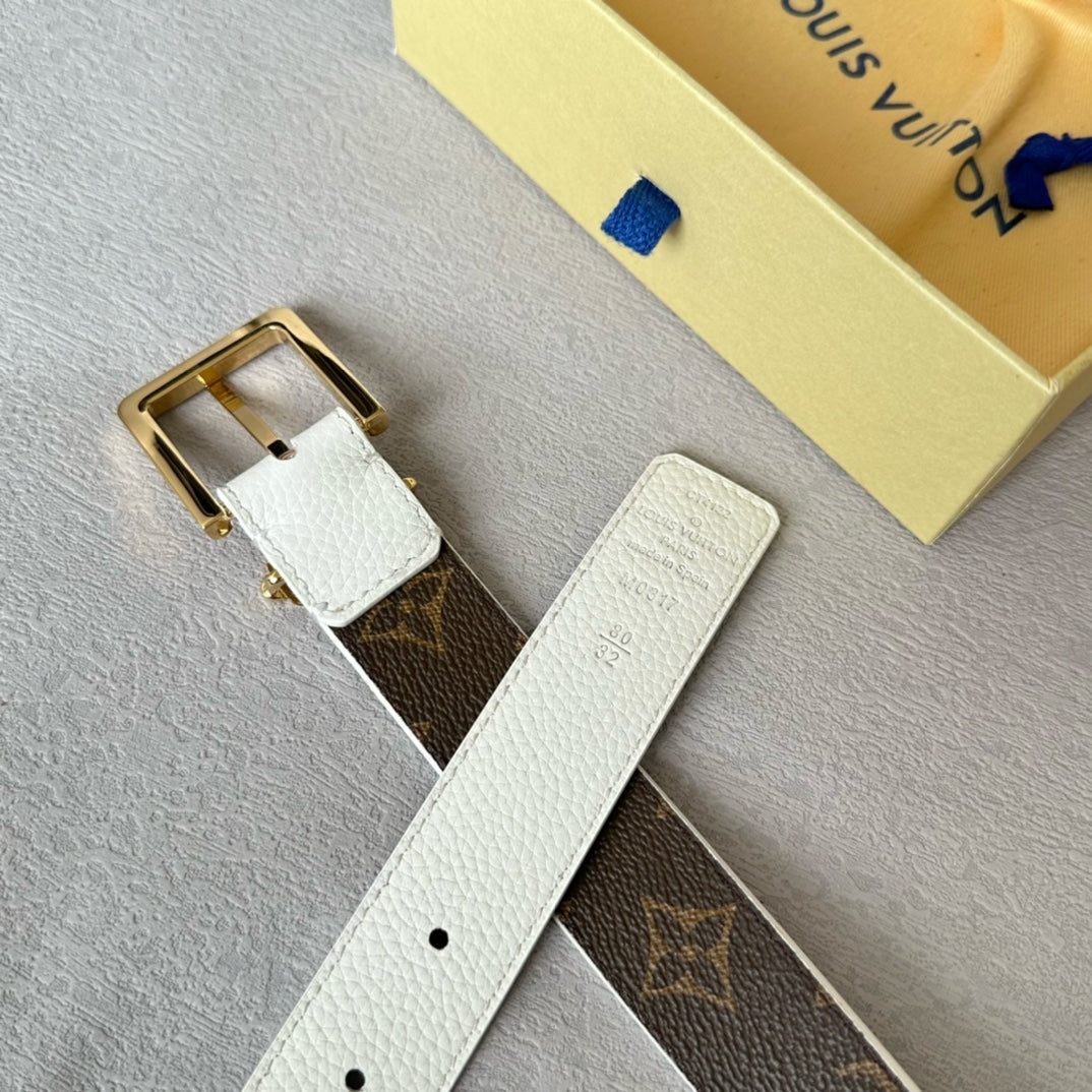 LV Bloom 30mm Belt Gold Buckle White Brown Leather