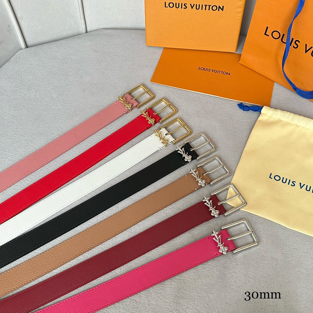 LV Bloom 30mm Belt Silver Buckle Burgundy Brown Leather