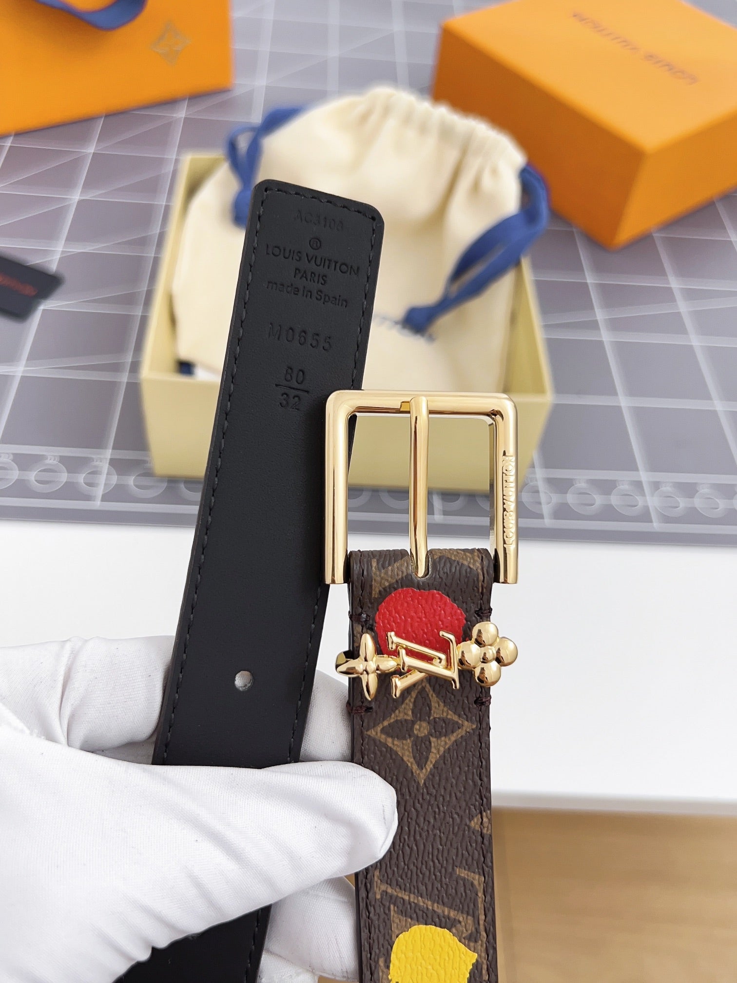 LV Bloom 30mm Mutilcolor Belt Gold Buckle Black Brown Leather