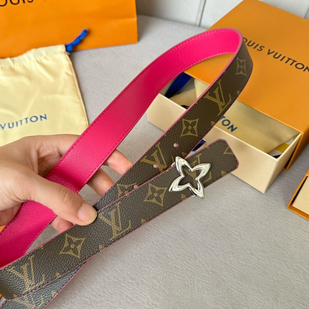 LV Flowergram 30mm Reversible Belt Silver Buckle Hot Pink Brown Leather