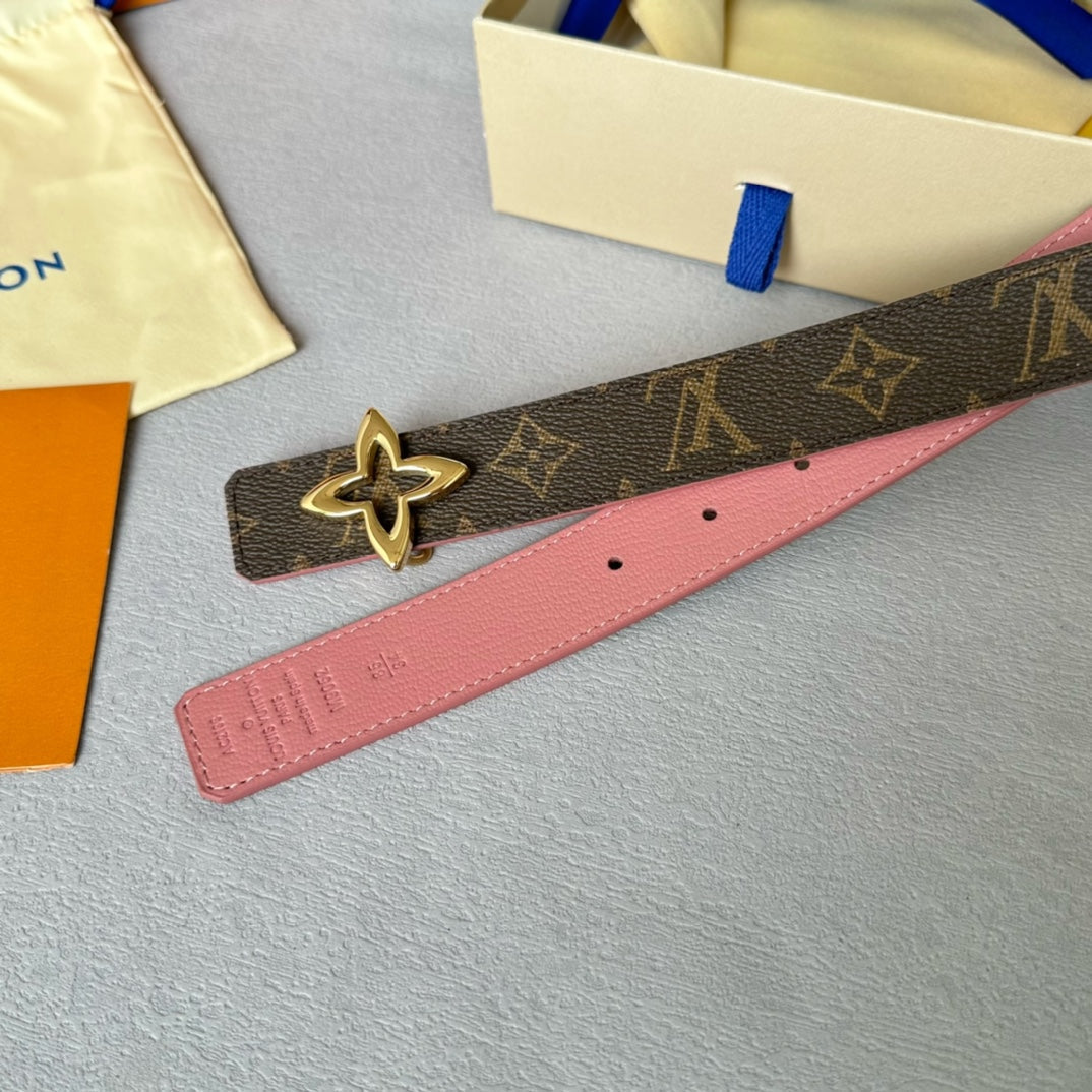 LV Flowergram 30mm Reversible Belt Gold Buckle Pink Brown Leather