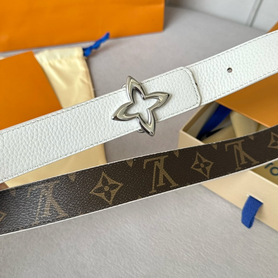 LV Flowergram 30mm Reversible Belt Silver Buckle White Brown Leather