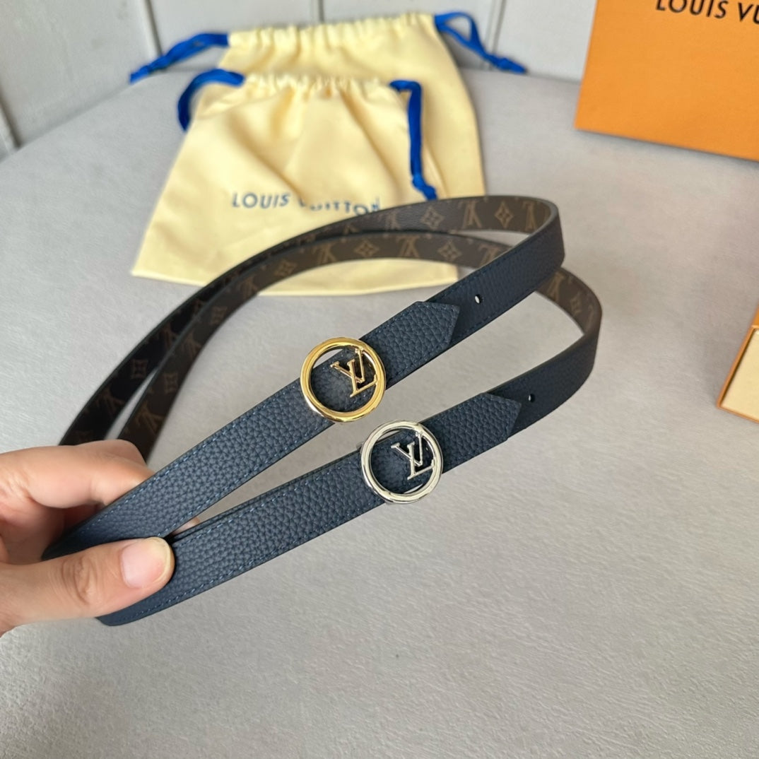LV Circle 20mm Reversible Belt Gold Buckle Navy Blue Brown Leather