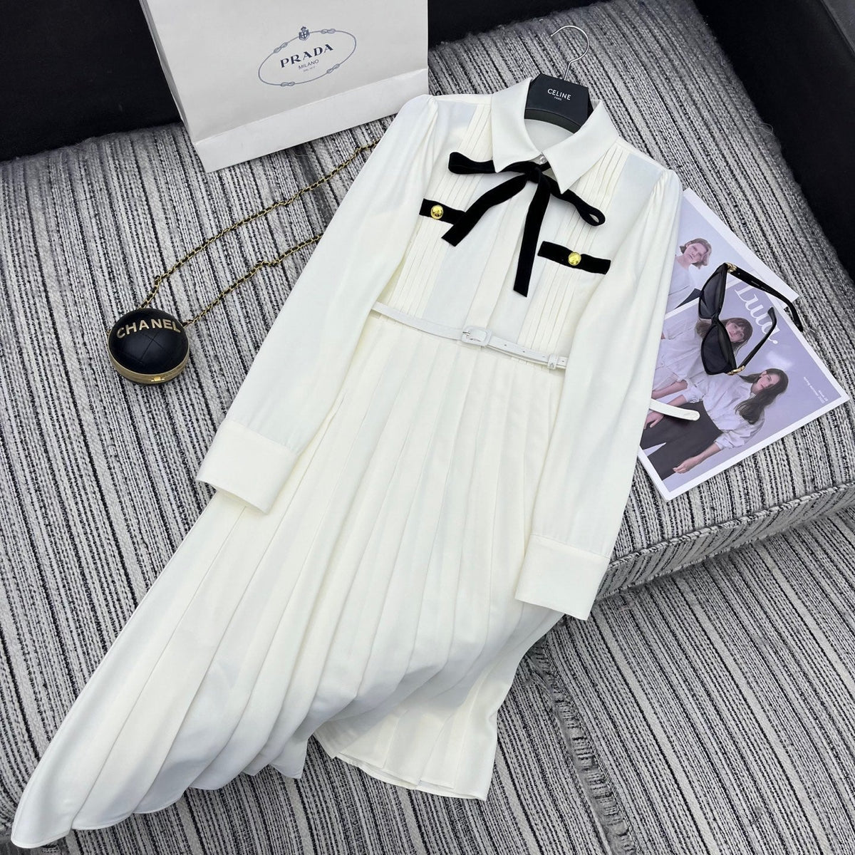 PRADA 25S LONG-SLEEVE COLLARED PLEATED DRESS 360